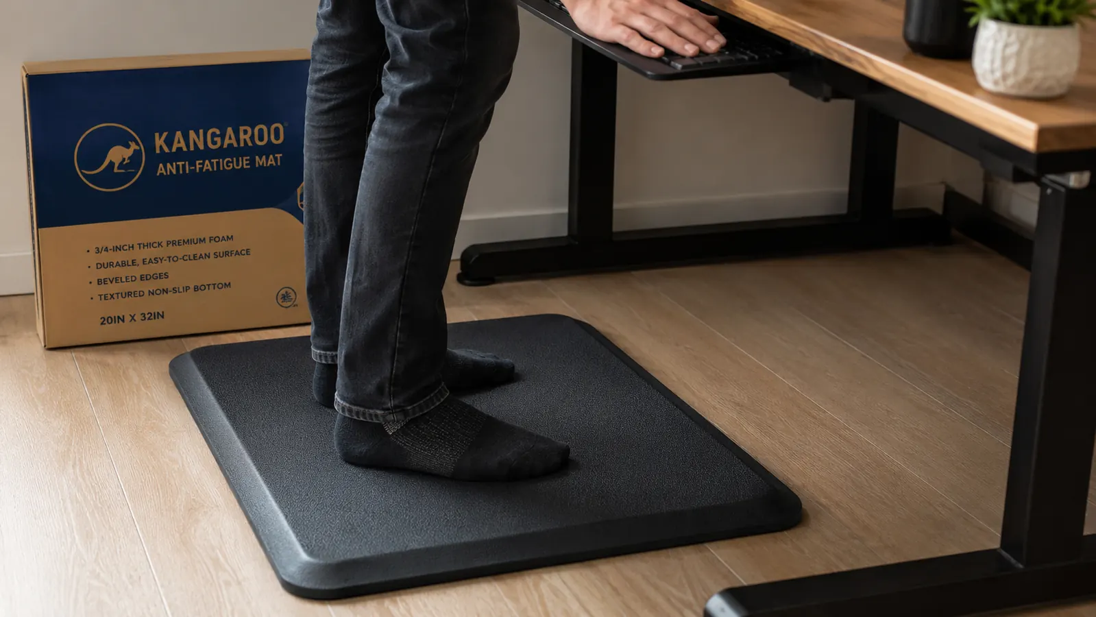 Close-up of feet in socks standing on a thick anti-fatigue mat at a standing desk