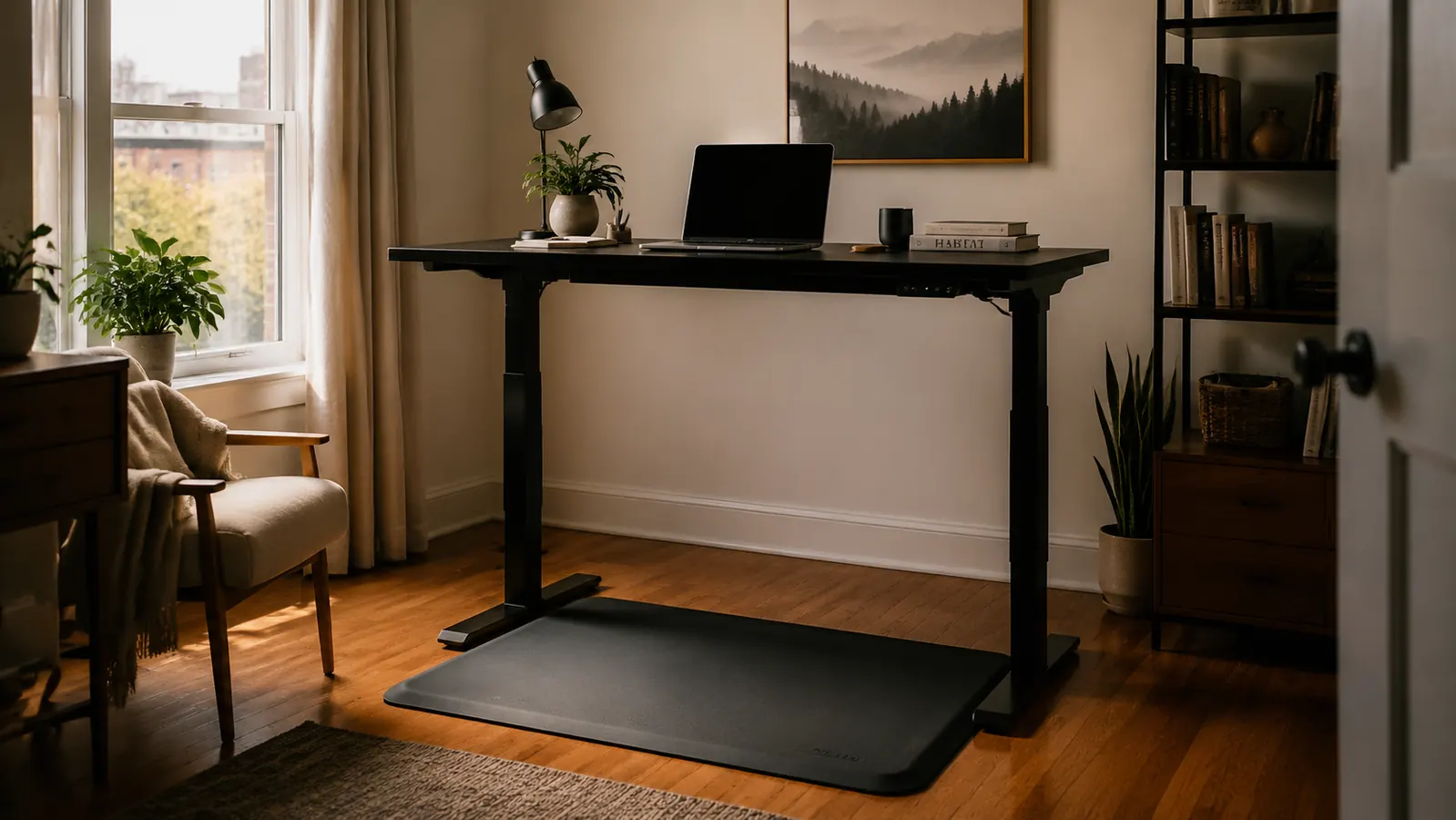 Anti-fatigue mat on hardwood floor under a height-adjustable standing desk in a bright home office