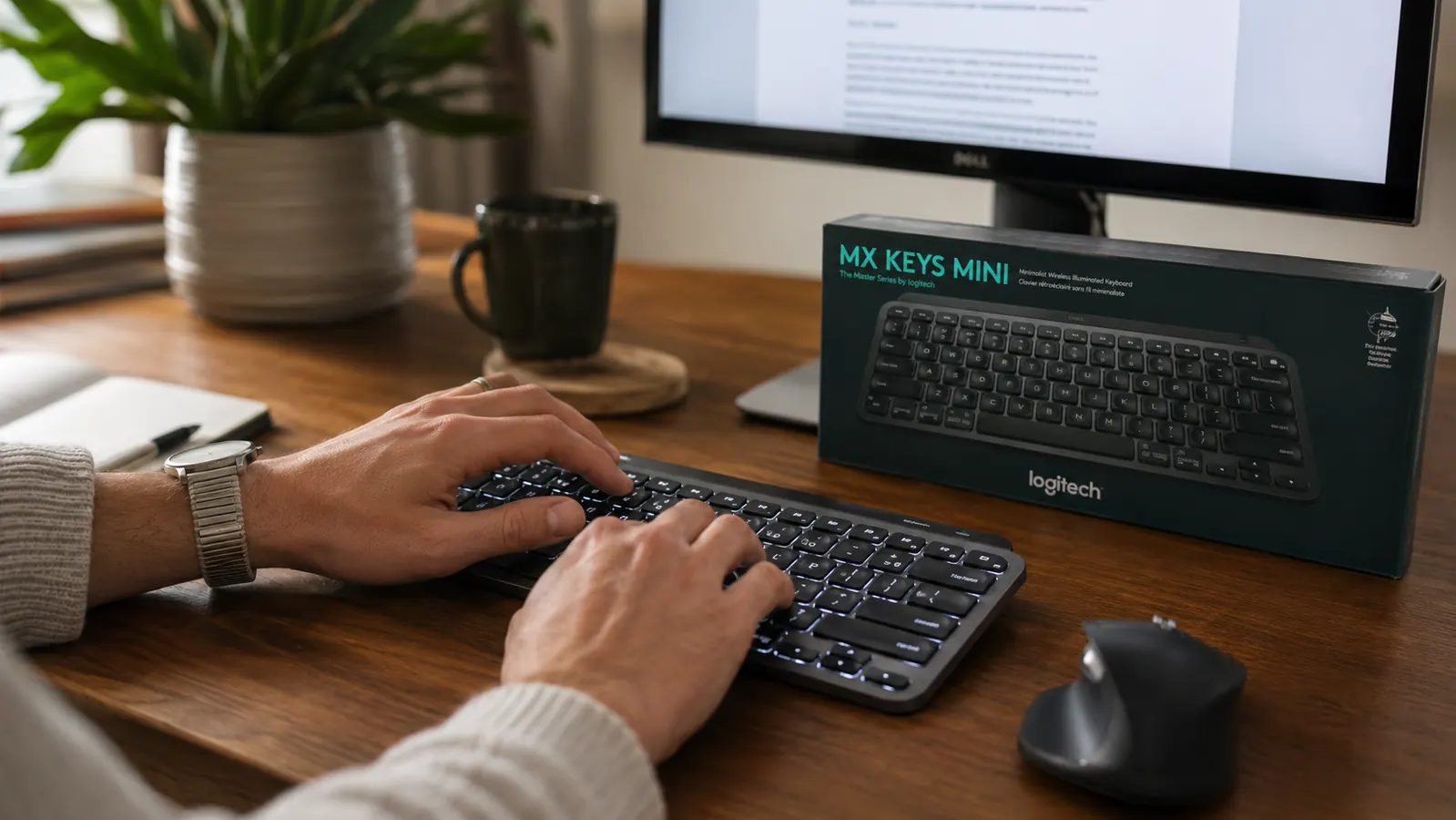 Logitech MX Keys Mini keyboard on a desk with hands resting in a natural typing position