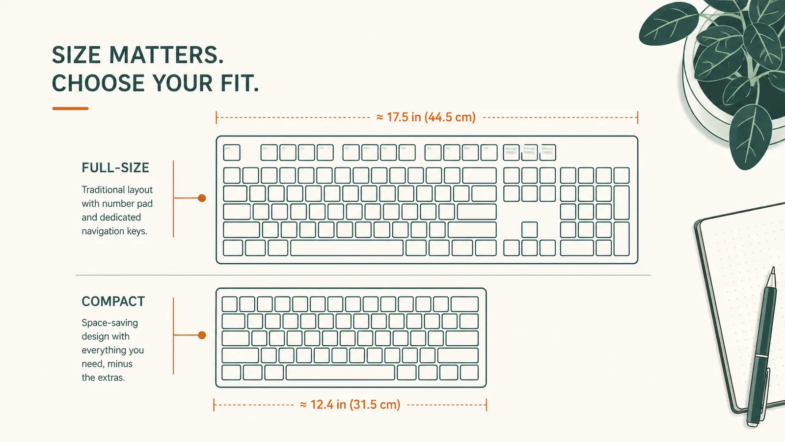 Side-by-side comparison chart showing desk space used by full-size keyboard versus compact keyboard