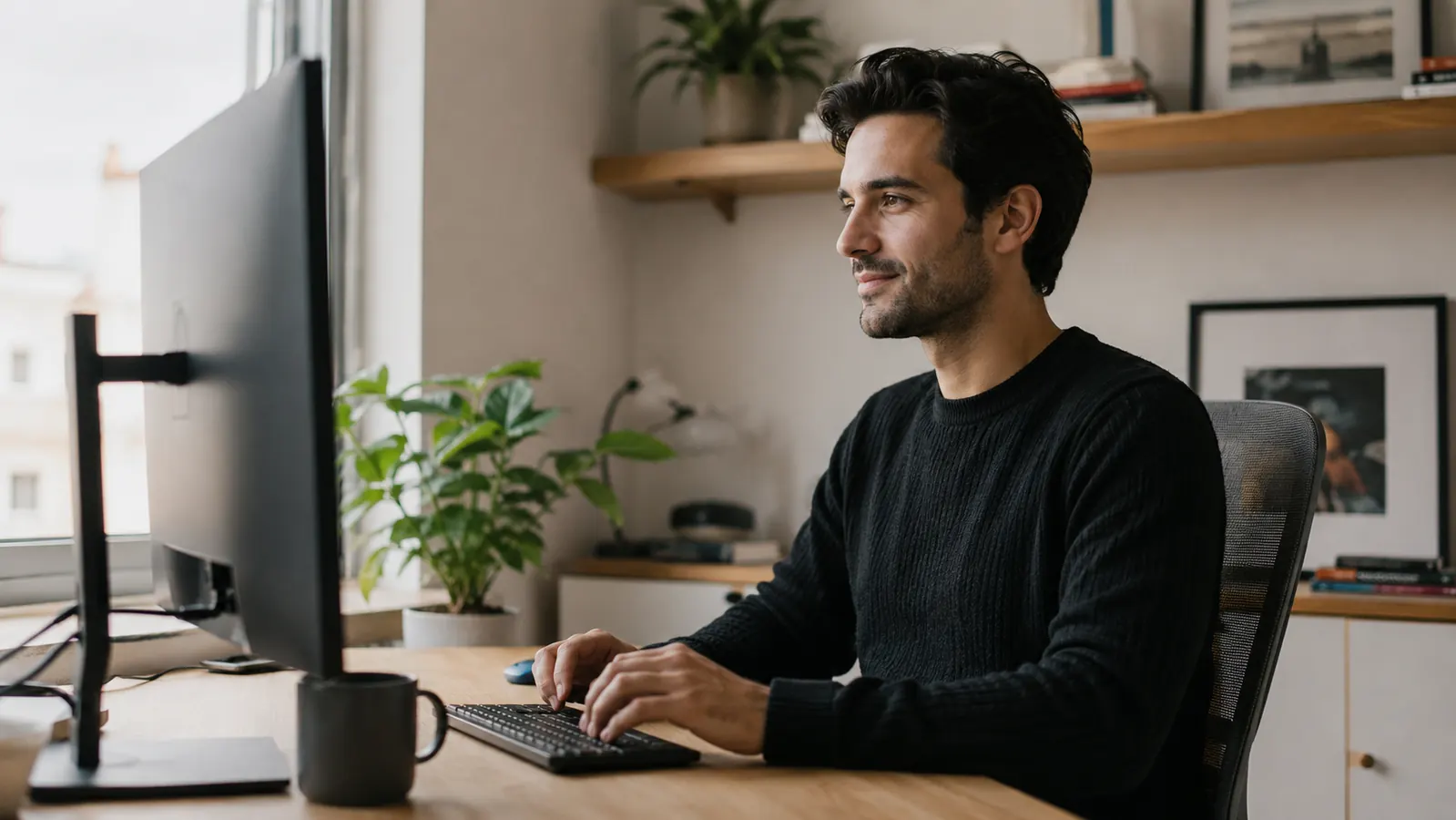 Remote worker at a home office desk looking relaxed with good posture, compact setup in front of them
