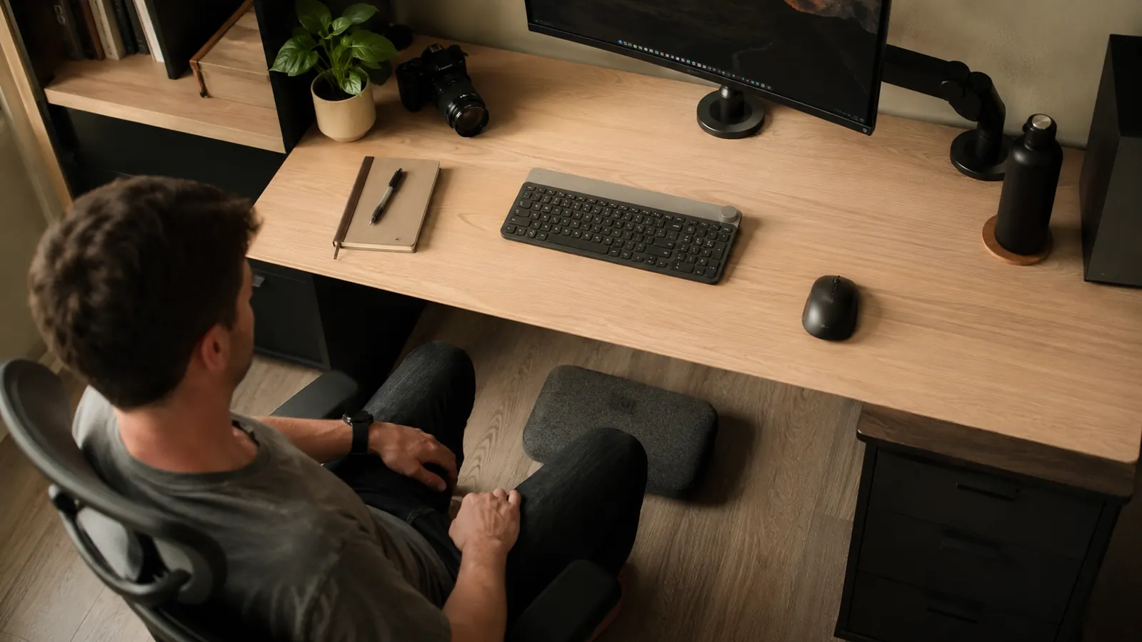 Home office desk corner showing a tidy setup with a monitor, keyboard, and footrest visible under the desk