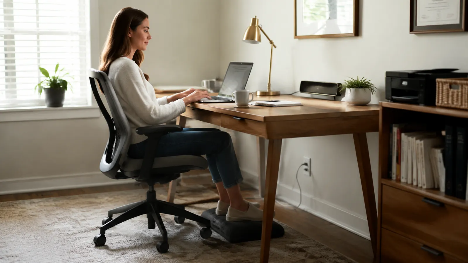 Person sitting at a home office desk with feet resting on a memory foam footrest, comfortable posture, natural light