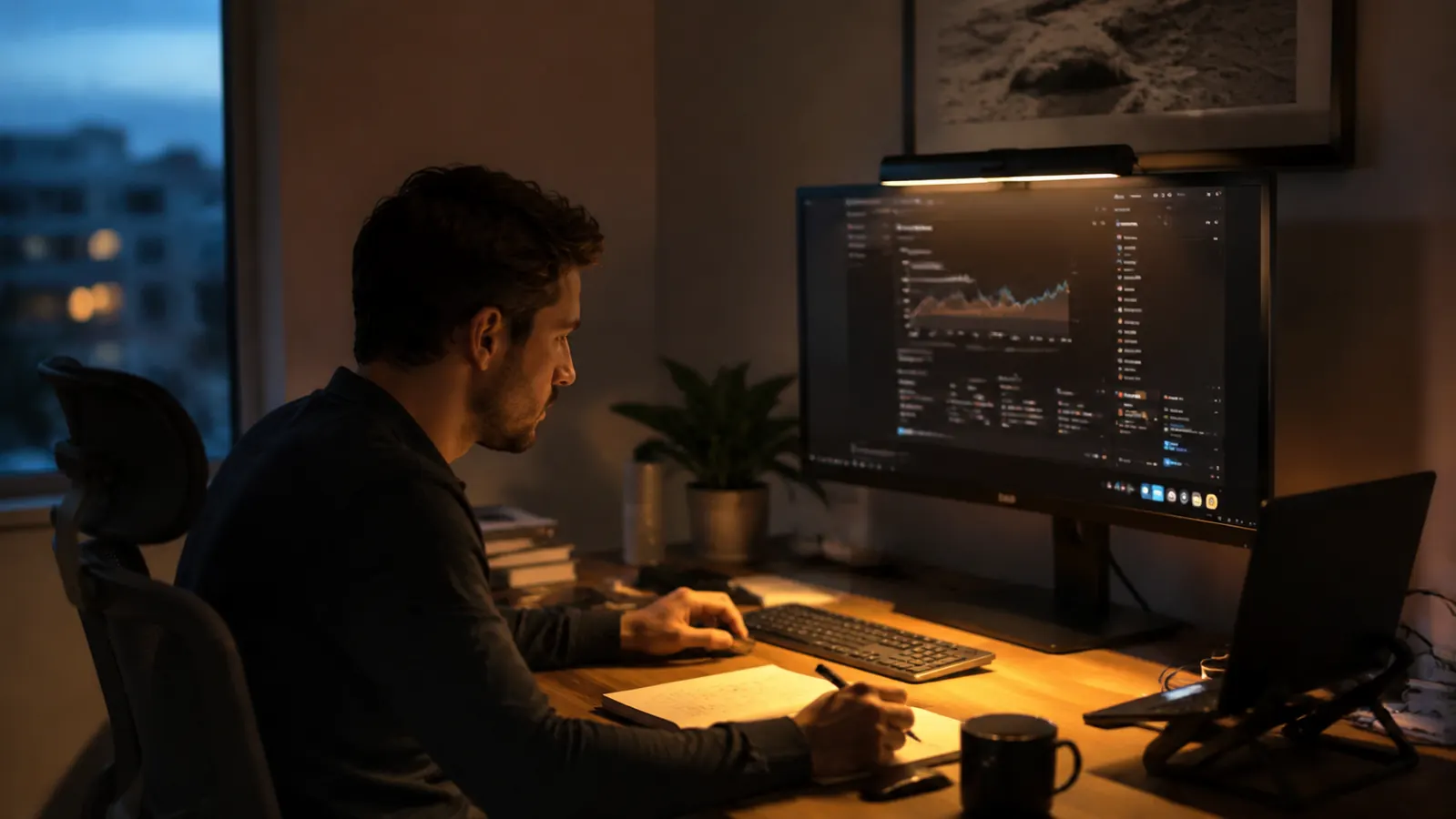 Person working comfortably at a home office desk late in the evening with monitor light bar providing focused task lighting