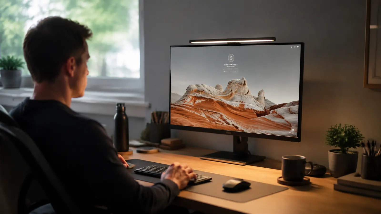 Clean home office desk with a monitor light bar mounted on a widescreen display, warm ambient lighting, no overhead glare