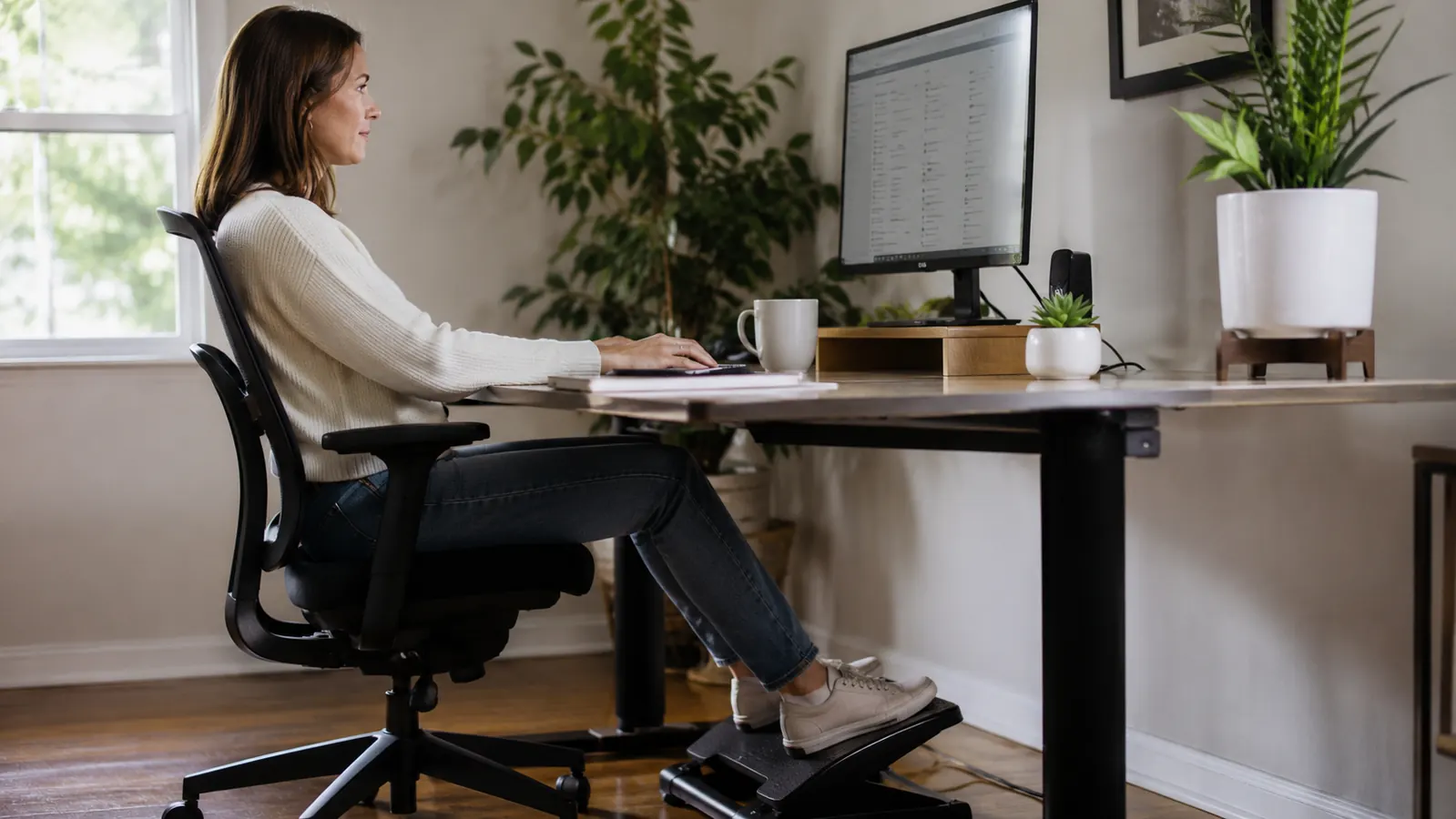 Remote worker at a tidy desk with good posture, feet resting on a footrest, natural light from window