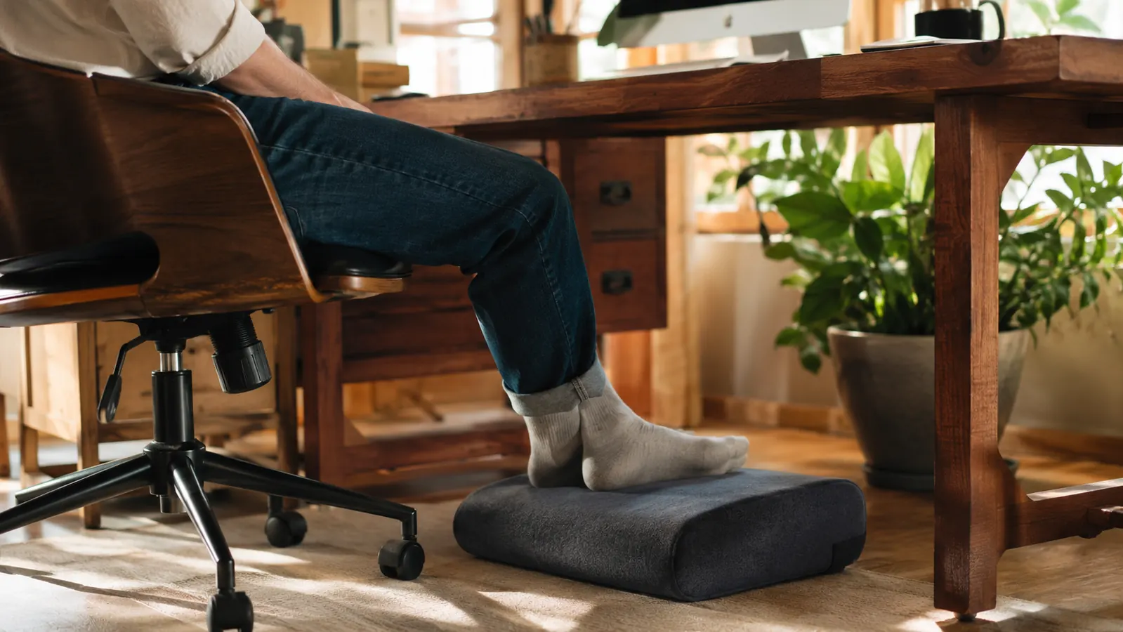 Memory foam footrest under a wooden home office desk, warm morning light, feet resting on it in socked feet