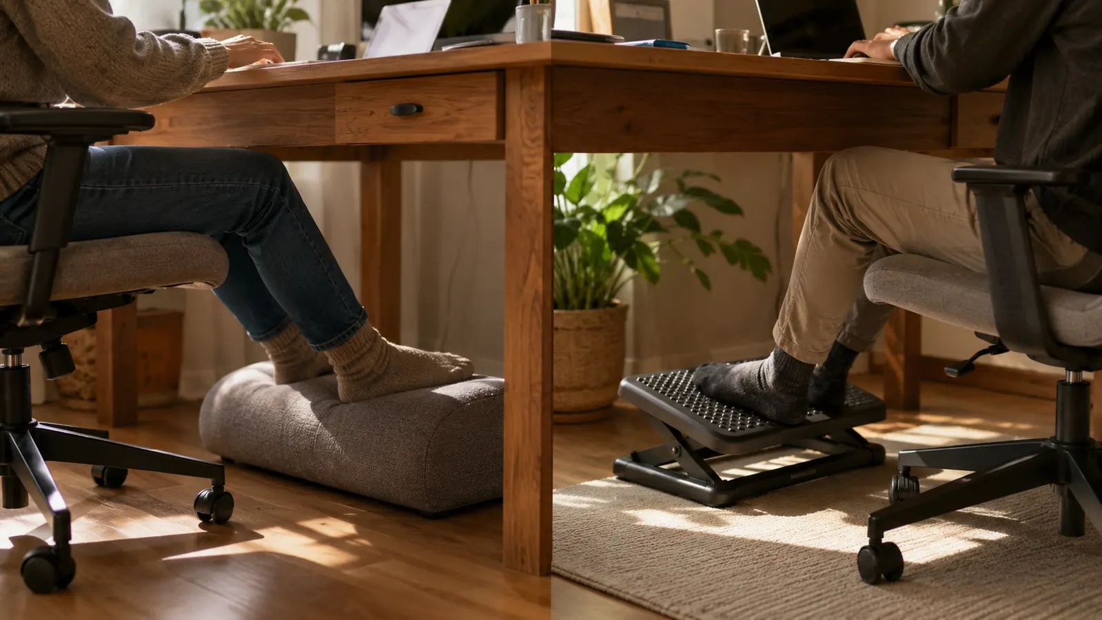 Two footrests side by side under a home office desk, one memory foam and one adjustable plastic platform