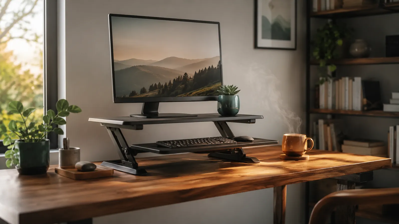 A practical home workstation in warm morning light, calm and grown-up