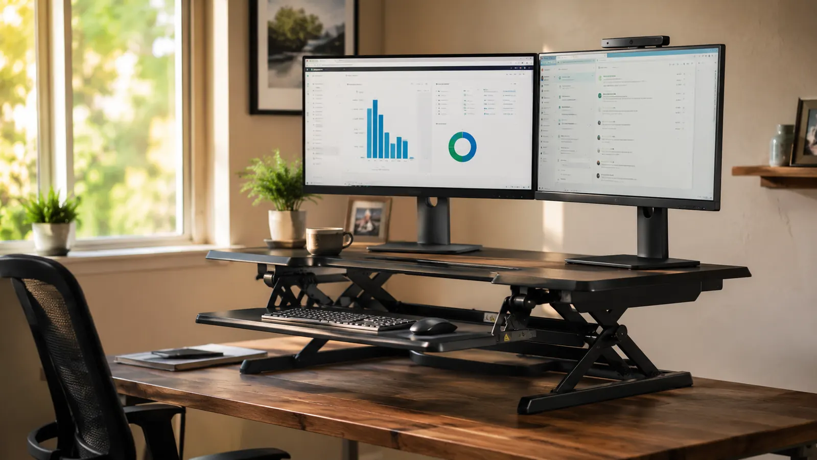 Home office desk setup with a standing desk converter raising two monitors to eye level, morning light coming through a window
