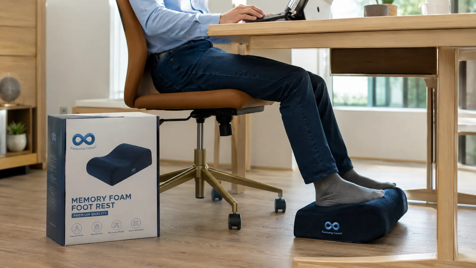 Everlasting Comfort memory foam footrest positioned under a desk with feet resting on the velvet surface