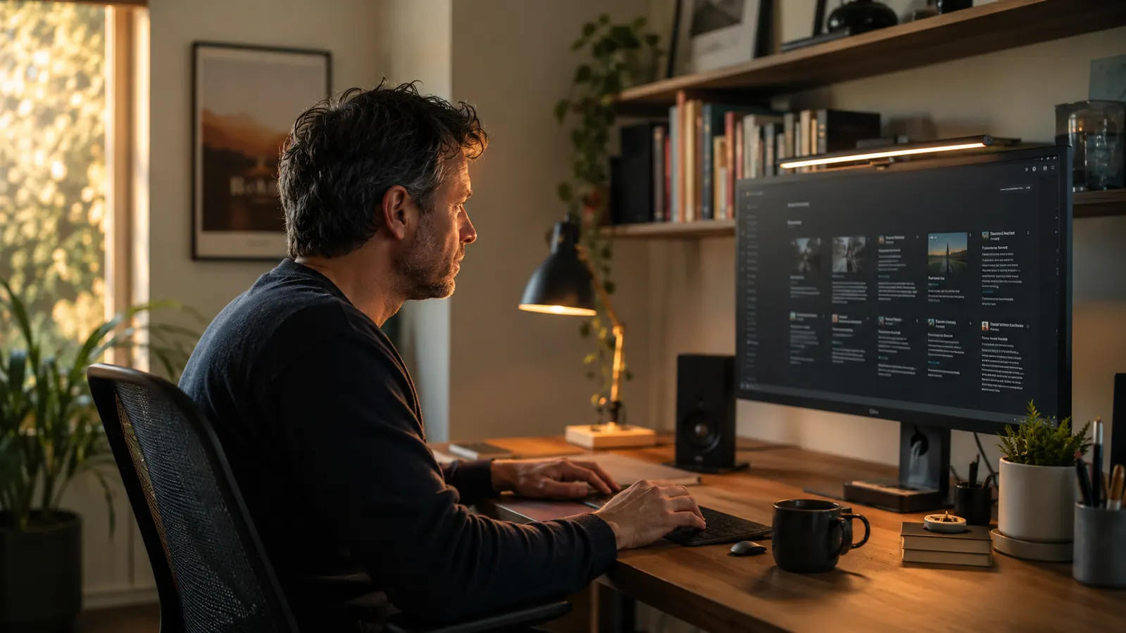Home office desk in late afternoon with a monitor lamp casting warm light downward onto the keyboard, no glare on the screen
