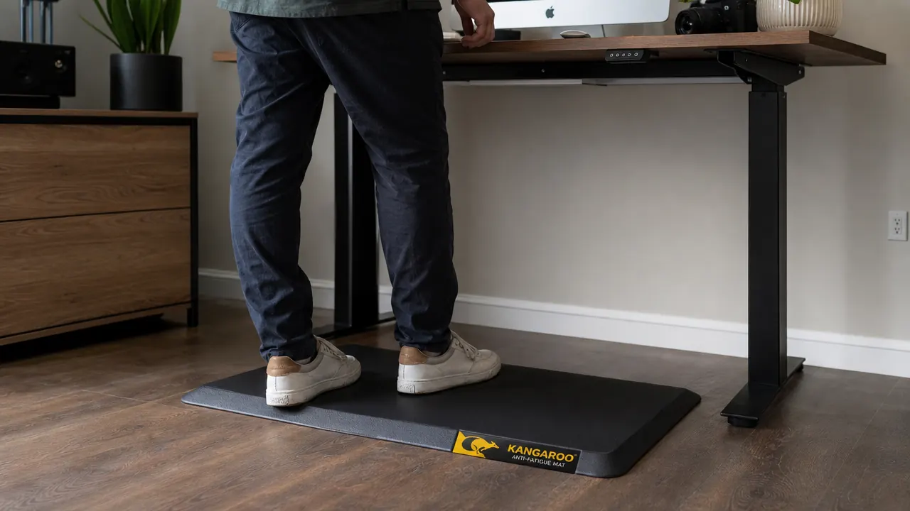 Close-up of feet on a thick anti-fatigue mat in front of a standing desk, showing the cushioned surface