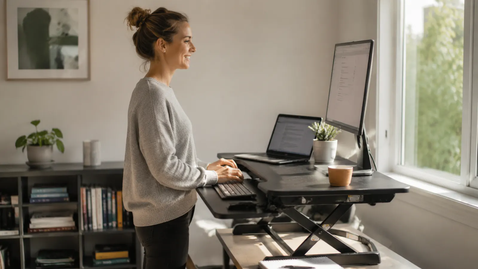 A home office standing desk setup with a person working at a raised converter, soft natural window light