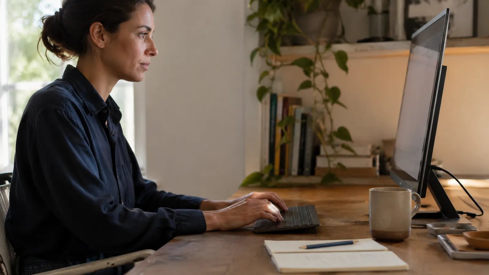 Remote worker at a clean home office desk, hands resting relaxed on a compact keyboard, natural morning light from a window