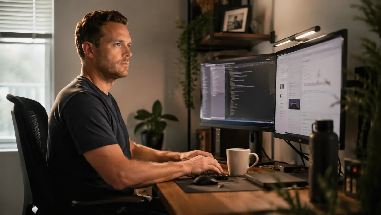 Remote worker at a home office desk reviewing documents with a monitor light bar providing even desk illumination, no overhead glare