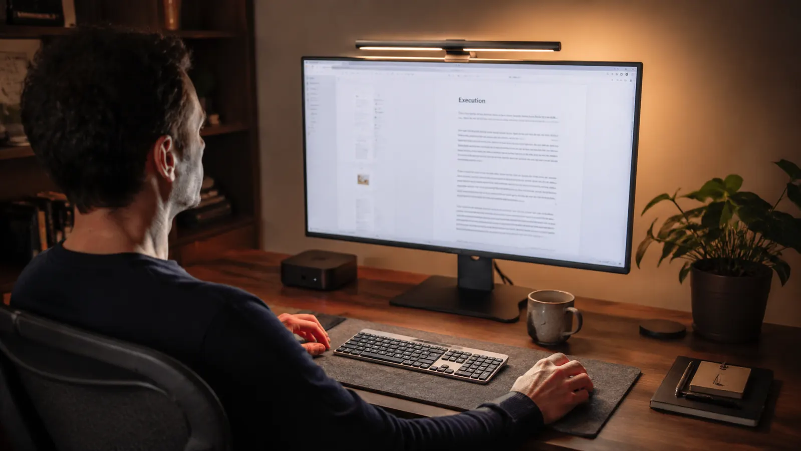 Home office desk at dusk with a monitor light bar glowing warm white and soft LED strip lighting behind the monitor panel