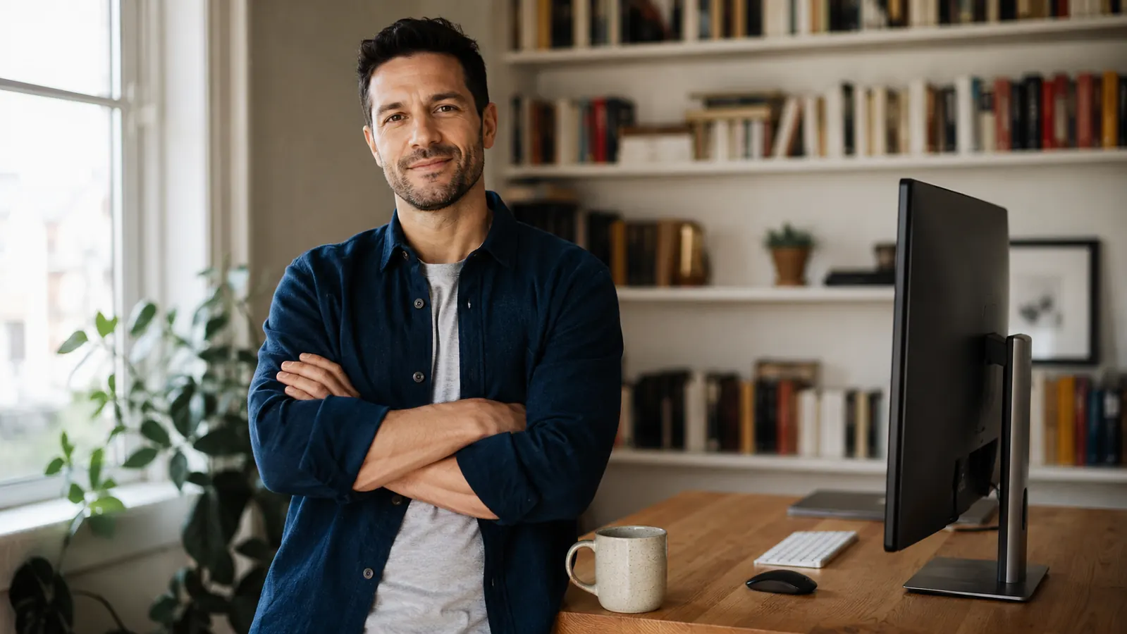 Remote worker standing at a home office desk with a monitor at eye level, natural light coming through a side window