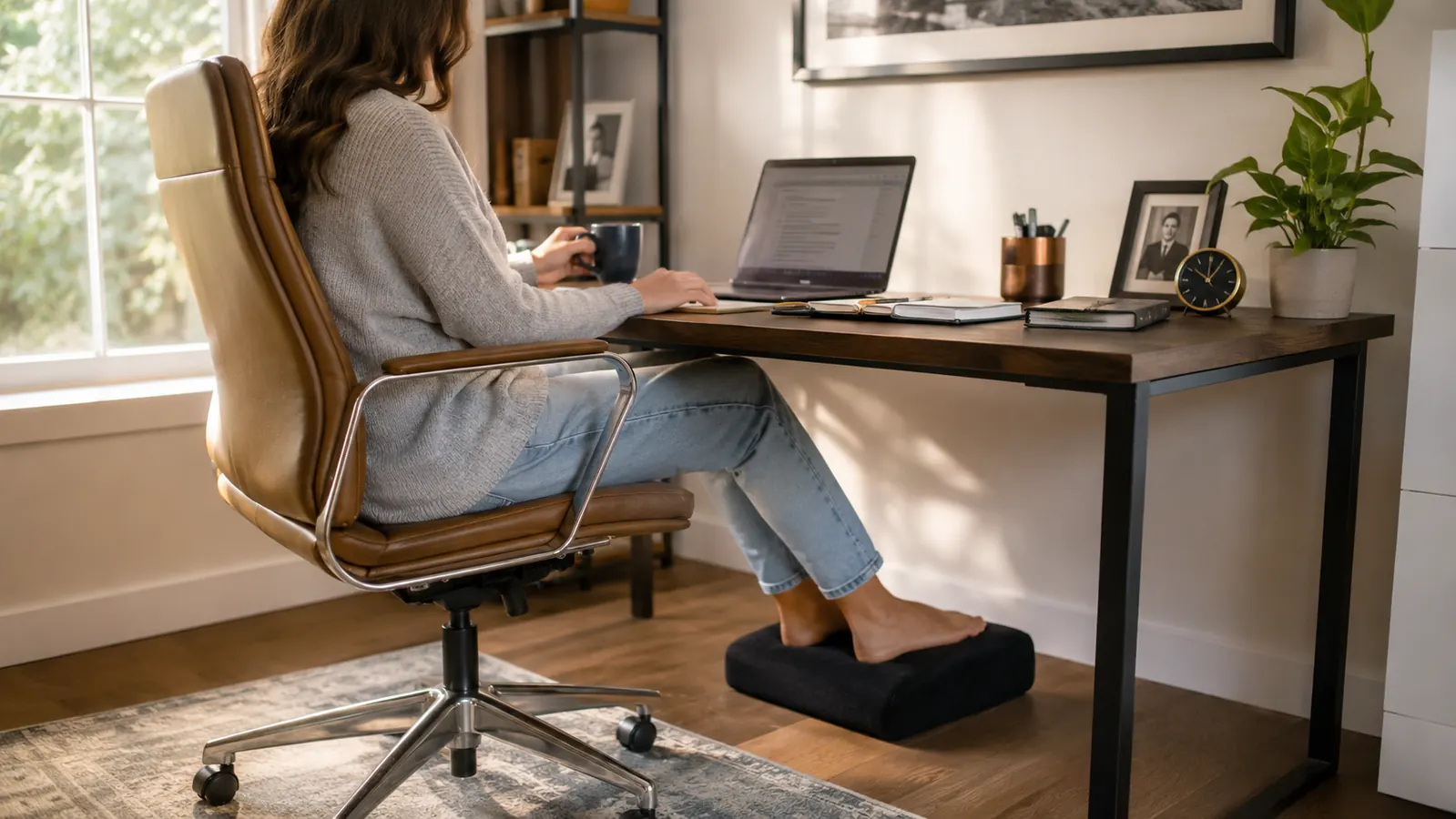 Remote worker sitting at a home office desk with feet resting comfortably on a memory foam footrest, legs at a relaxed angle