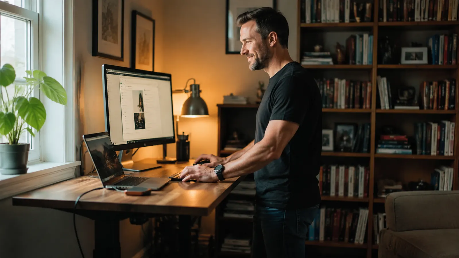 Remote worker in a home office alternating between sitting and standing at the same desk setup