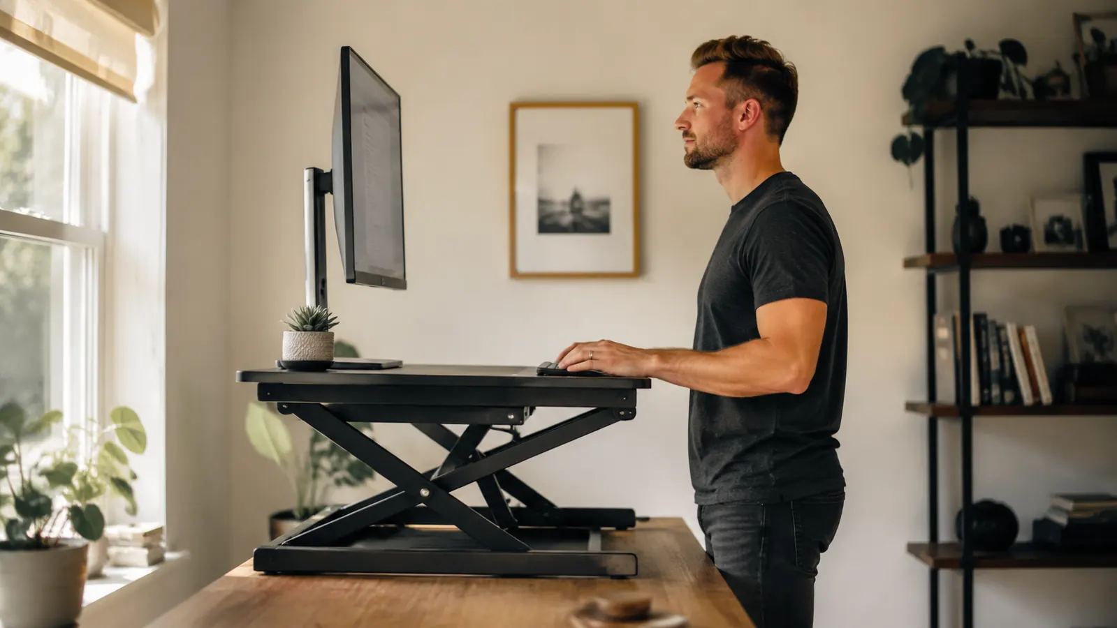 Home office desk with a standing desk converter raised to standing height, monitor at eye level, tidy cable setup