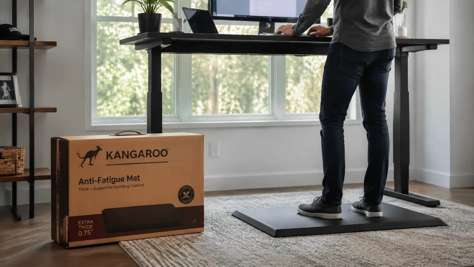 Person standing at a standing desk with a black mat visible beneath their feet, desk at working height