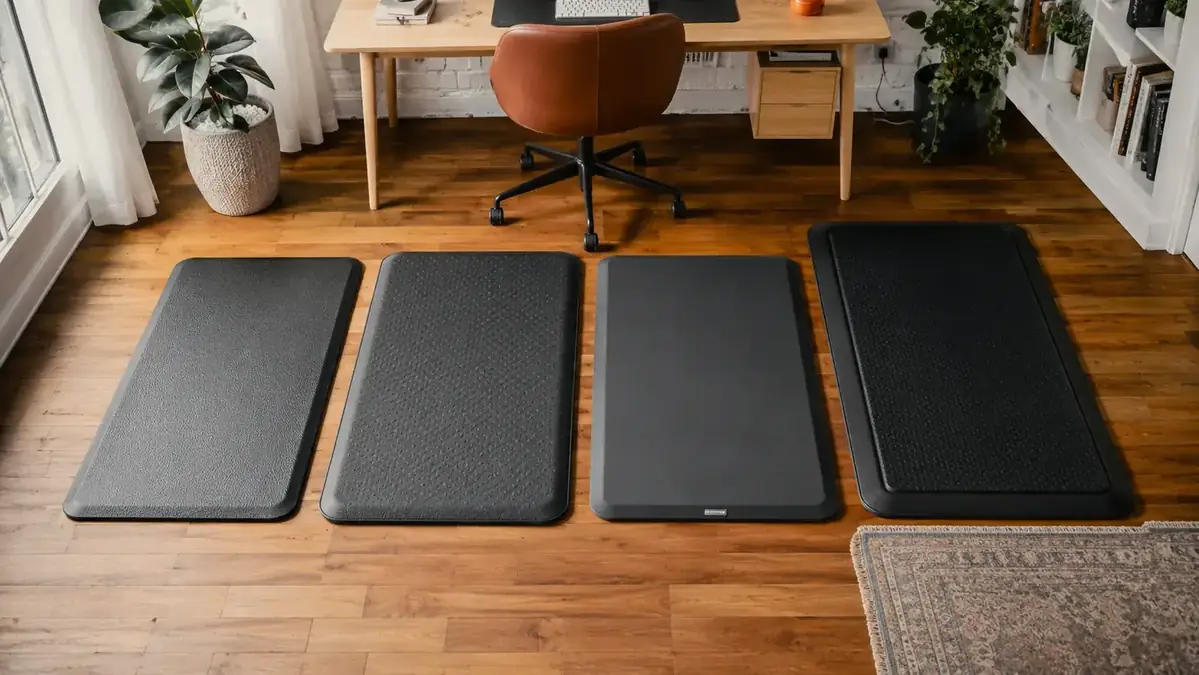 Four anti-fatigue mats lined up side by side on a hardwood floor for comparison
