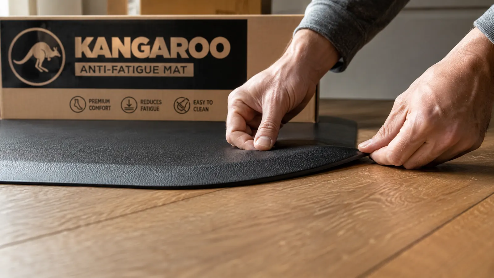 Close-up of the beveled edge of the anti-fatigue mat showing the gradual slope