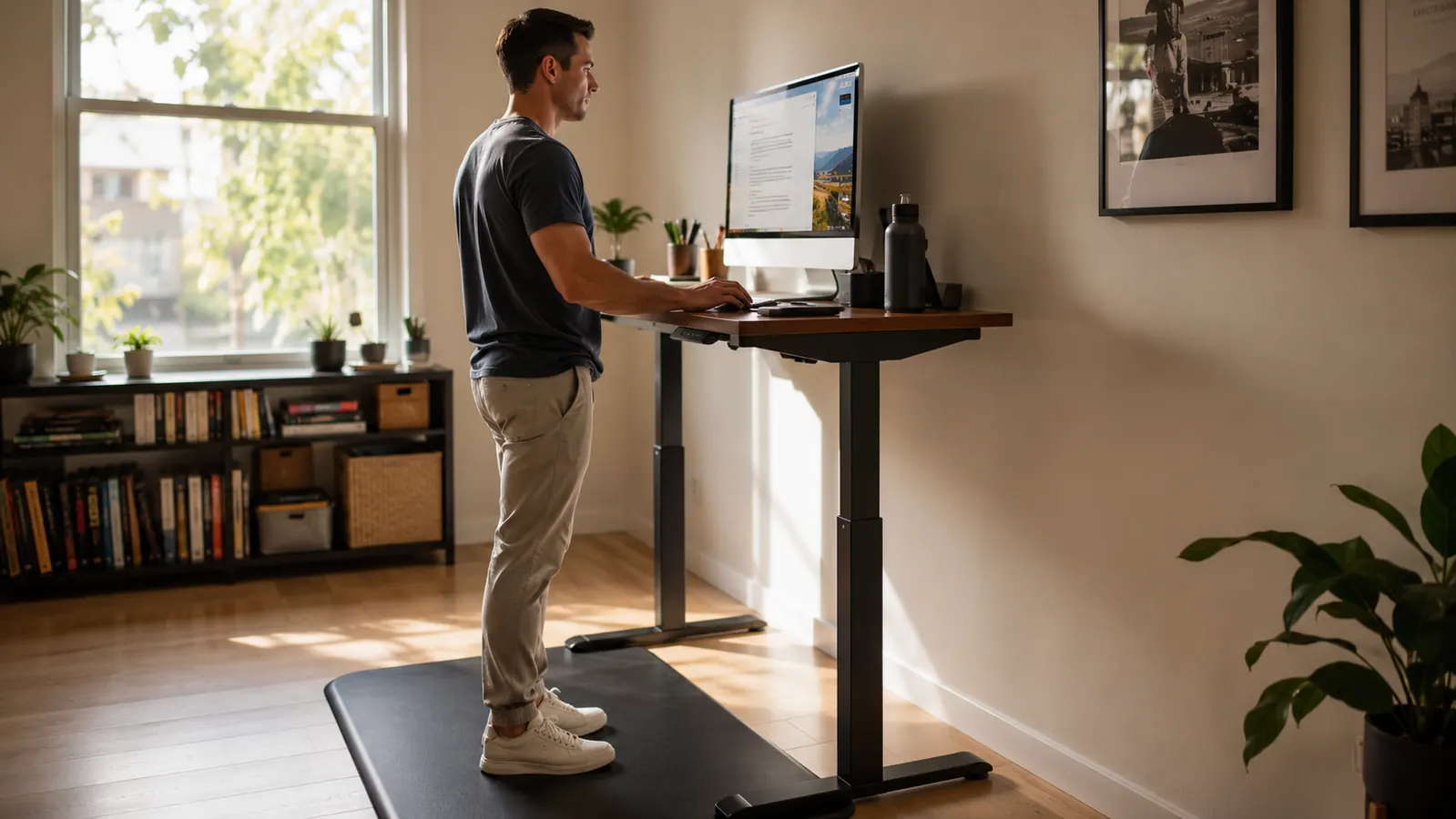 Black anti-fatigue mat in front of a standing desk in a bright home office with natural light