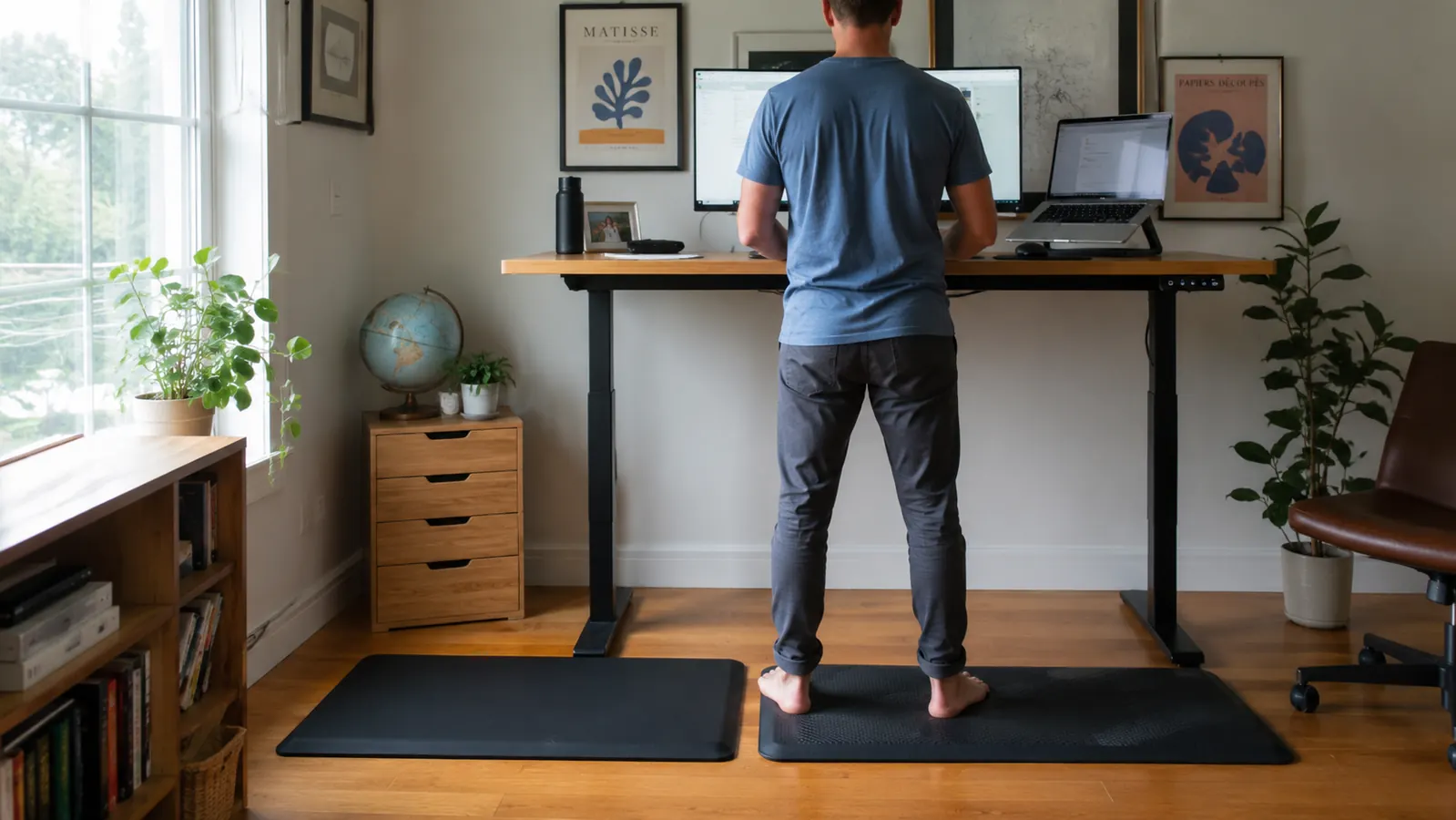 Two anti-fatigue mats side by side on a hardwood floor in a home office with a standing desk visible above