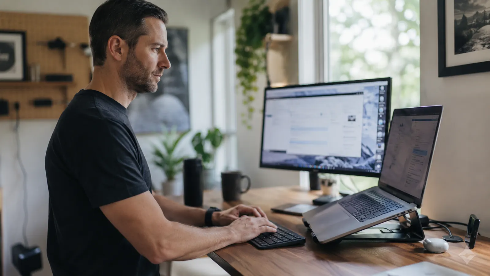 Person sitting at a home office desk working on a laptop with the Logitech MX Keys Mini positioned to the left, secondary monitor in background