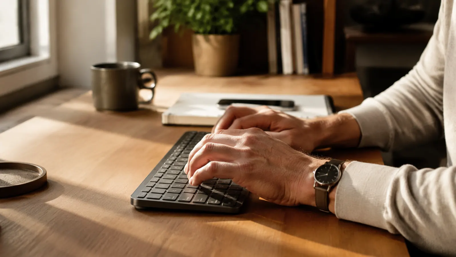 Logitech MX Keys Mini compact keyboard centered on a clean wooden home office desk with a notebook and coffee cup nearby