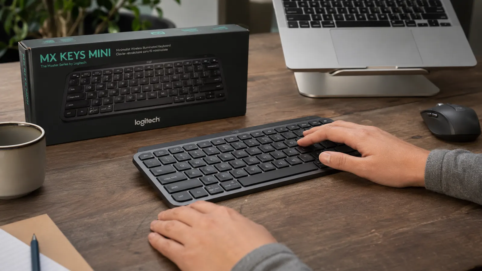 Side profile of the Logitech MX Keys Mini showing its low-profile keys and thin build