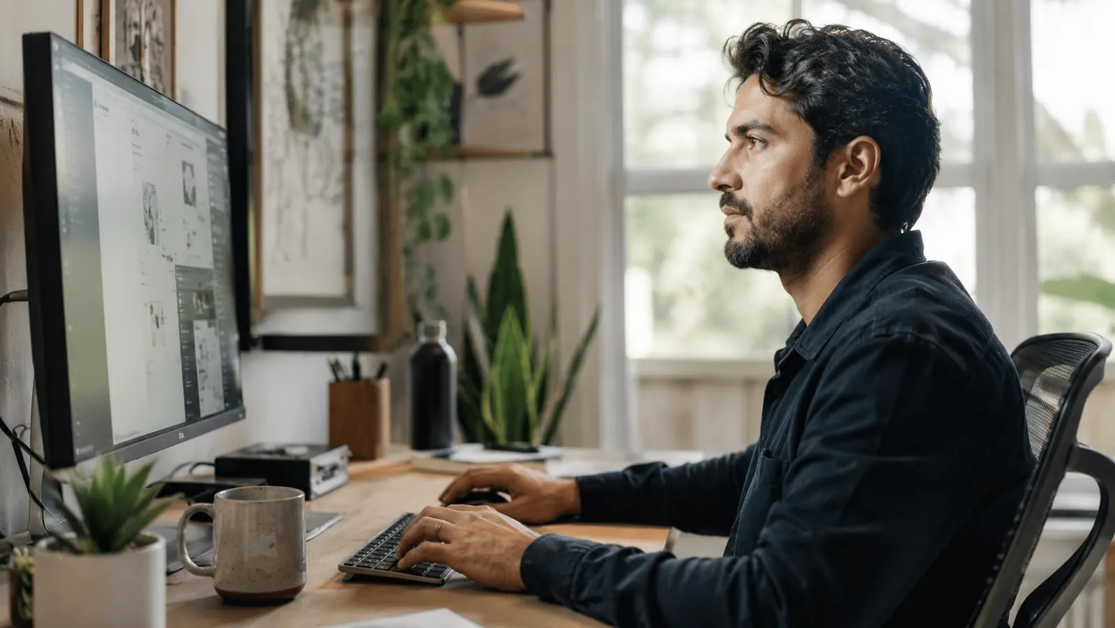 Person working comfortably at a home office desk with a monitor, compact keyboard, and coffee in a well-lit room