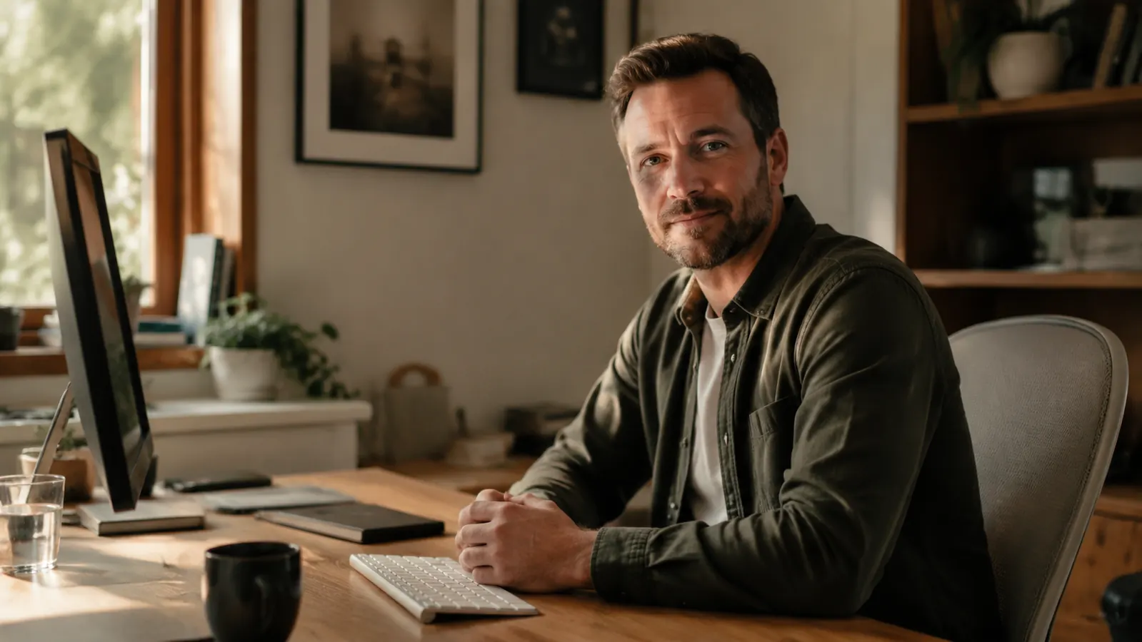 Person resting wrists on a clean wooden desk surface beside a compact wireless keyboard and a cup of coffee