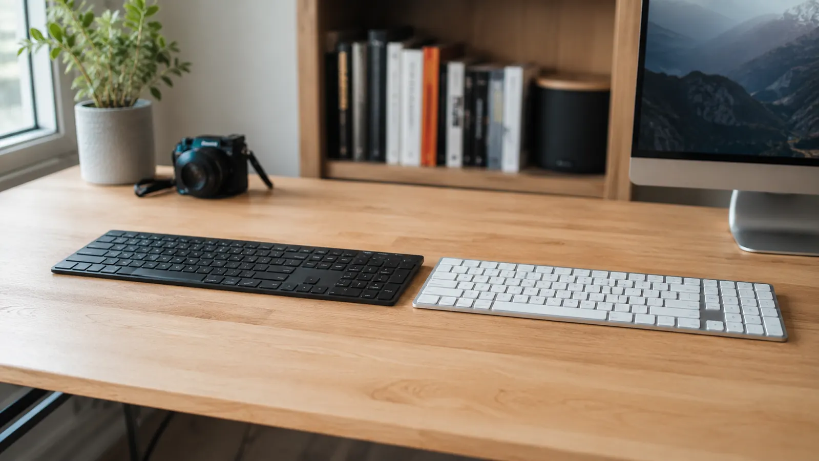 Two wireless keyboards side by side on a clean wood desk in a bright home office