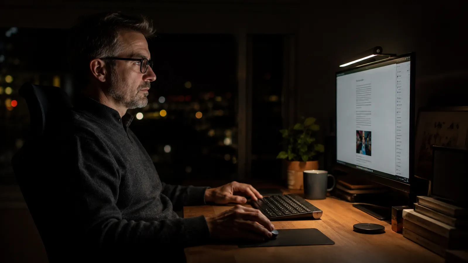 Remote worker at a tidy desk at night, monitor light bar providing focused illumination on keyboard and notebook without lighting the ceiling or walls