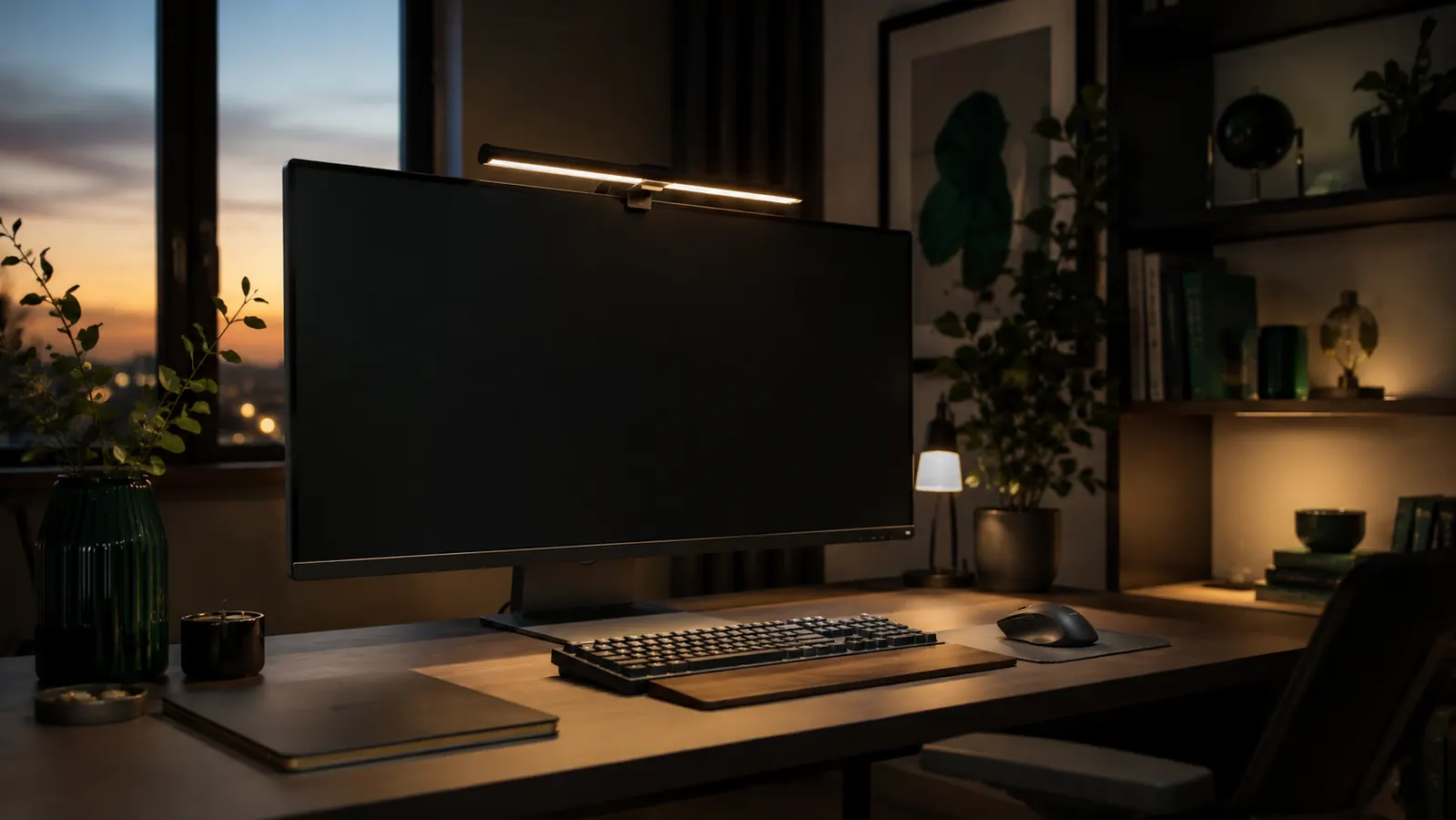 Home office desk with a monitor light bar mounted on a large monitor, warm ambient light illuminating the workspace without glare on the screen