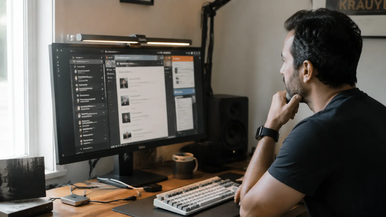 Quntis monitor light bar on a desk with cluttered cable setup visible in the background, realistic home office scene