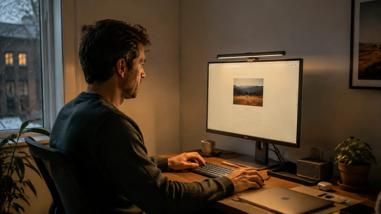 Remote worker sitting at desk with monitor light bar illuminating the workspace without screen glare visible
