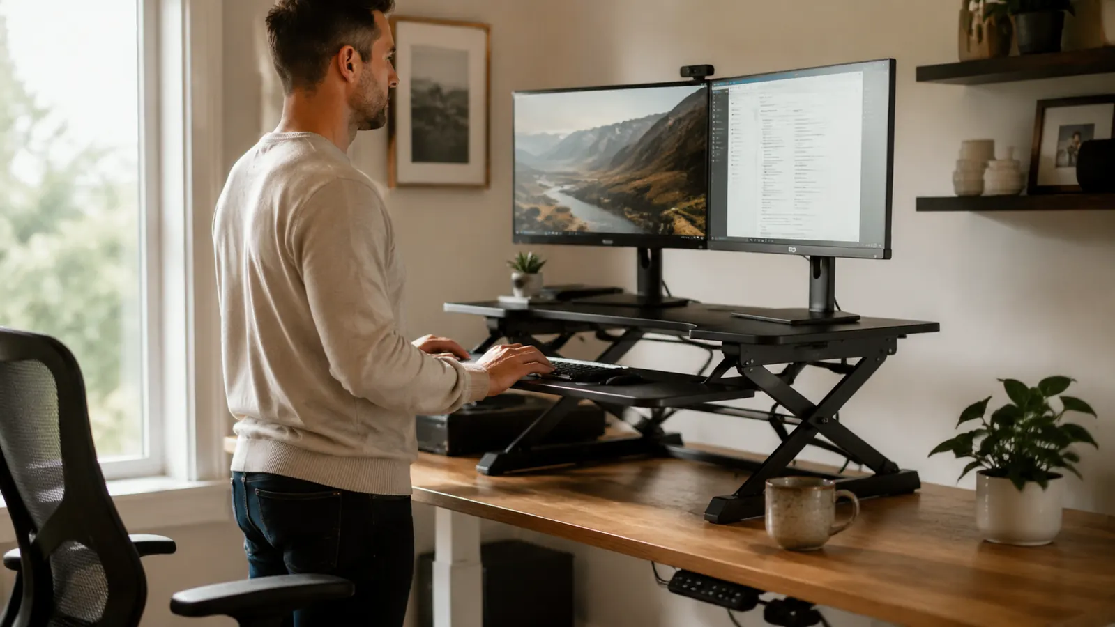 Home office desk with VIVO 32-inch desk converter raised to standing height, dual monitors mounted, morning light through window