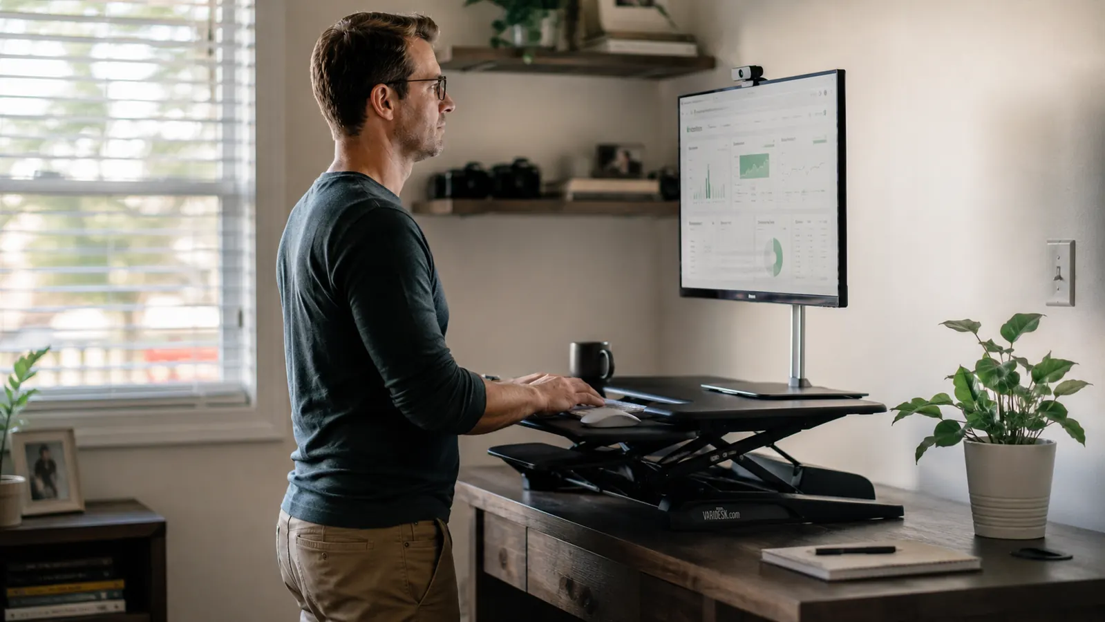Remote worker standing at a desk converter setup with good posture, monitor at eye level, keyboard on the raised platform