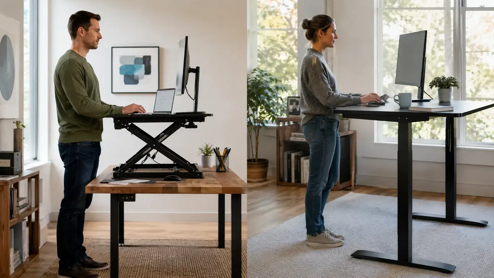 Side-by-side view of a VIVO desk converter on a wooden desk next to a full motorized standing desk in a bright home office